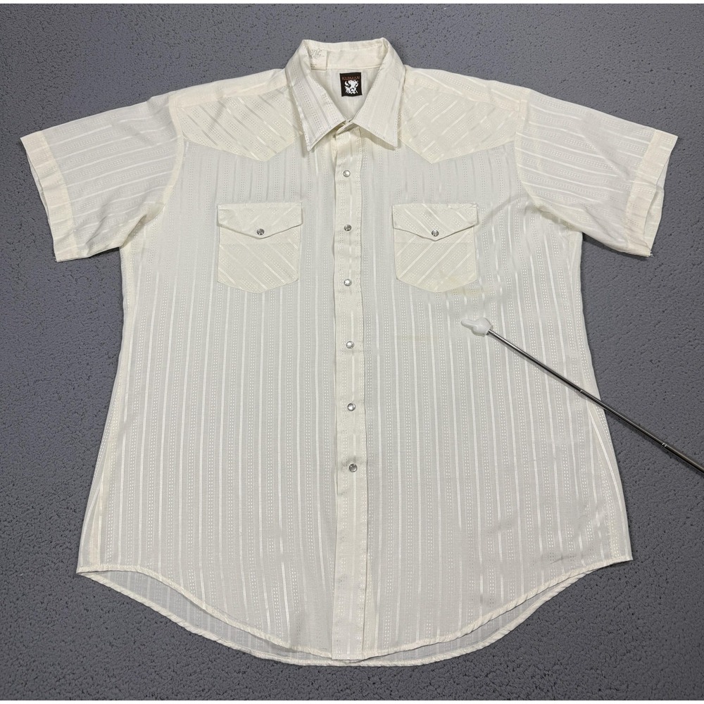 Vintage Karman Shirt Mens 2XL White Striped Short Sleeve Snap Western Made USA